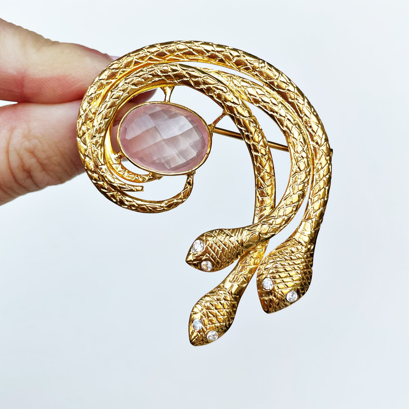 Vermeil Rose Quartz Snake Brooch